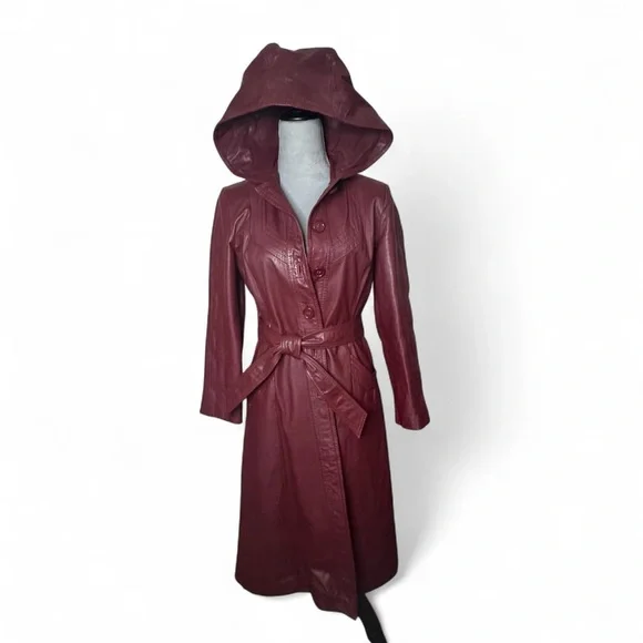 Vintage Le Soleil Burgundy Leather Trench Coat with Hood | XS-S - Picture 2 of 8